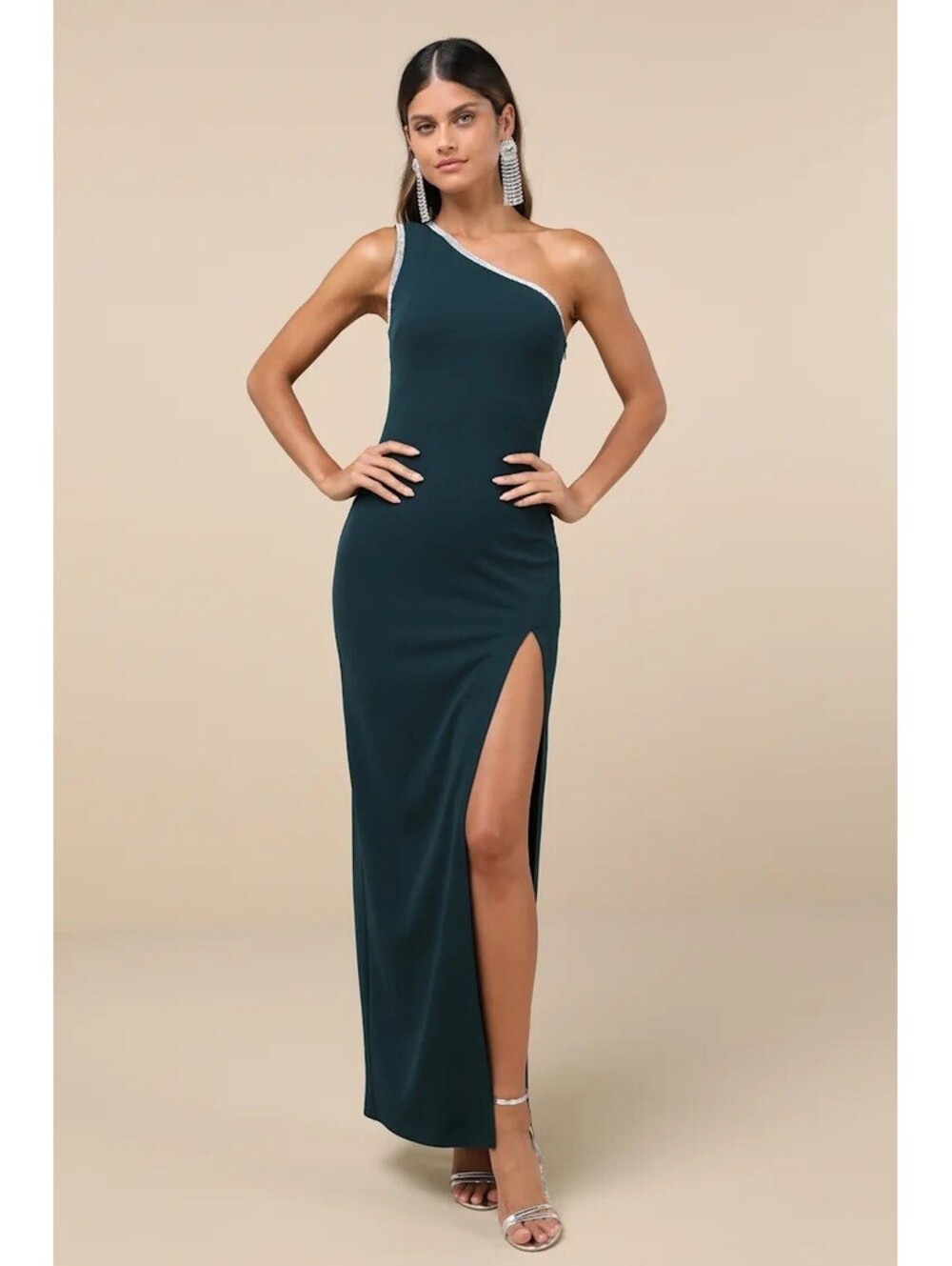 Lulus Glamorous Muse Emerald Rhinestone One-Shoulder Maxi Dress.